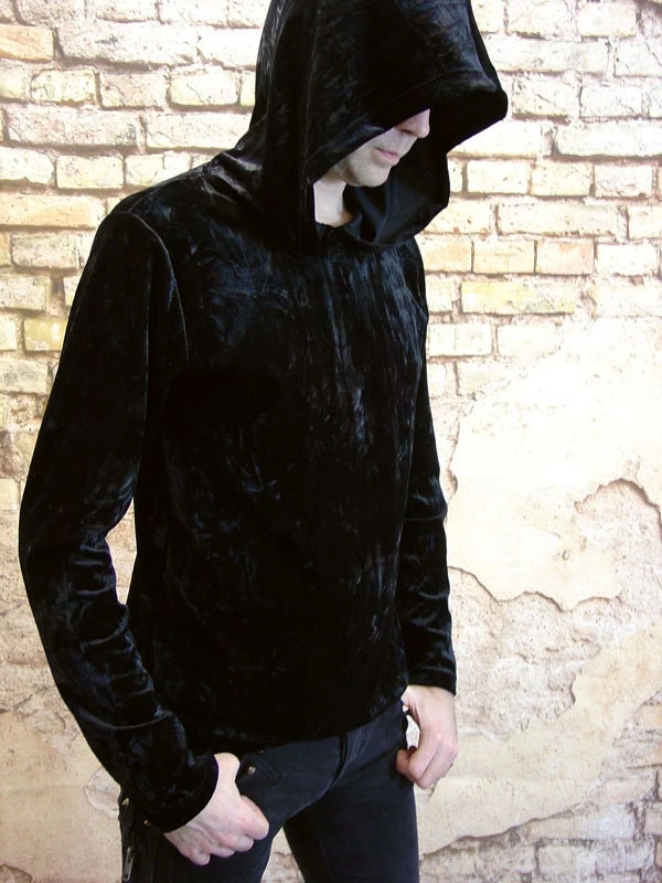 Mens Black Crushed Velvet Hoodie, Nu Goth Pullover, 8 Mens Black Crushed Velvet Hoodie, Nu Goth Pullover, - Image 8