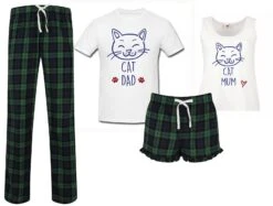 Couples Cat Pyjamas Green Tartan Pajamas Pet PJ's Pyjamas Fathers Day Tartan