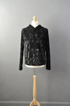 Mens Black Crushed Velvet Hoodie, Nu Goth Pullover,
