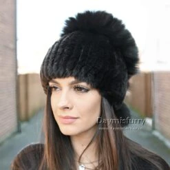 Rex Rabbit Fur Winter Hat With Fox Fur Top, Real Fur Hat, Women Hat - Black -Fashion Clothing Store il fullxfull.2236589782 djbe
