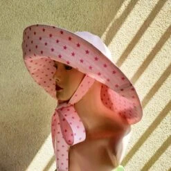 Wide Brim Pink Sun Hat With Ties,Women Linen Summer Sun Hat Panama, Pink Cotton With Stars Sun Hat, Large Brim Women Sun Hat With Ties