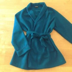 French 1970s Men Winter Leisure Lounging Interior Nightwear Short Robe - Wide Collar & Belt - Solid Blue Warm Acrylic - New - L