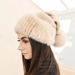 Wool Knit Hat With Fox Fur Ball And Mink Fur Trim, Christmas Hat