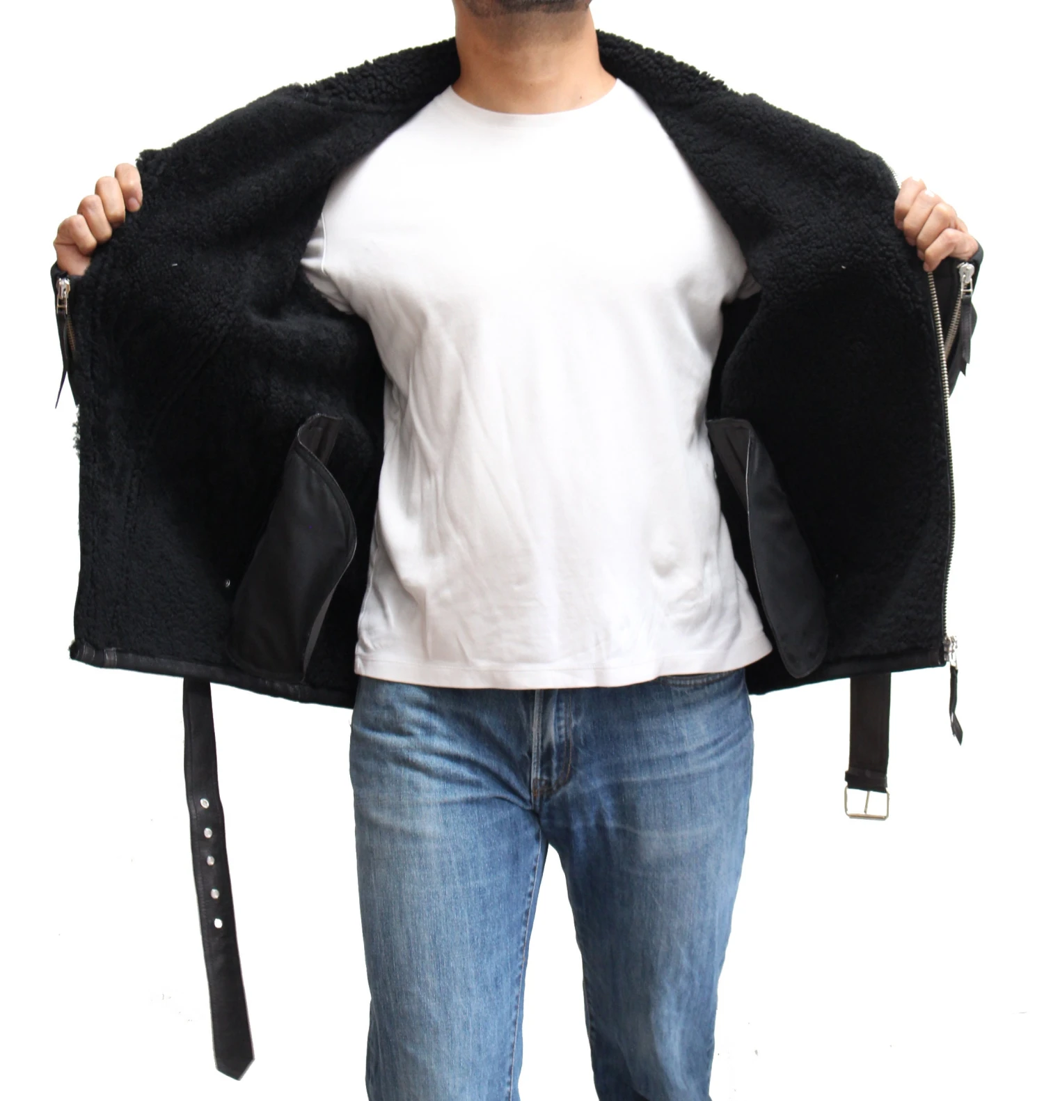 Mens Sheepskin Cross Zip Biker Jacket With Unique Patch Pocket Design And Waist Belt. Available In Black And Tan 6 Mens Sheepskin Cross Zip Biker Jacket With Unique Patch Pocket Design And Waist Belt. Available In Black And Tan - Image 6