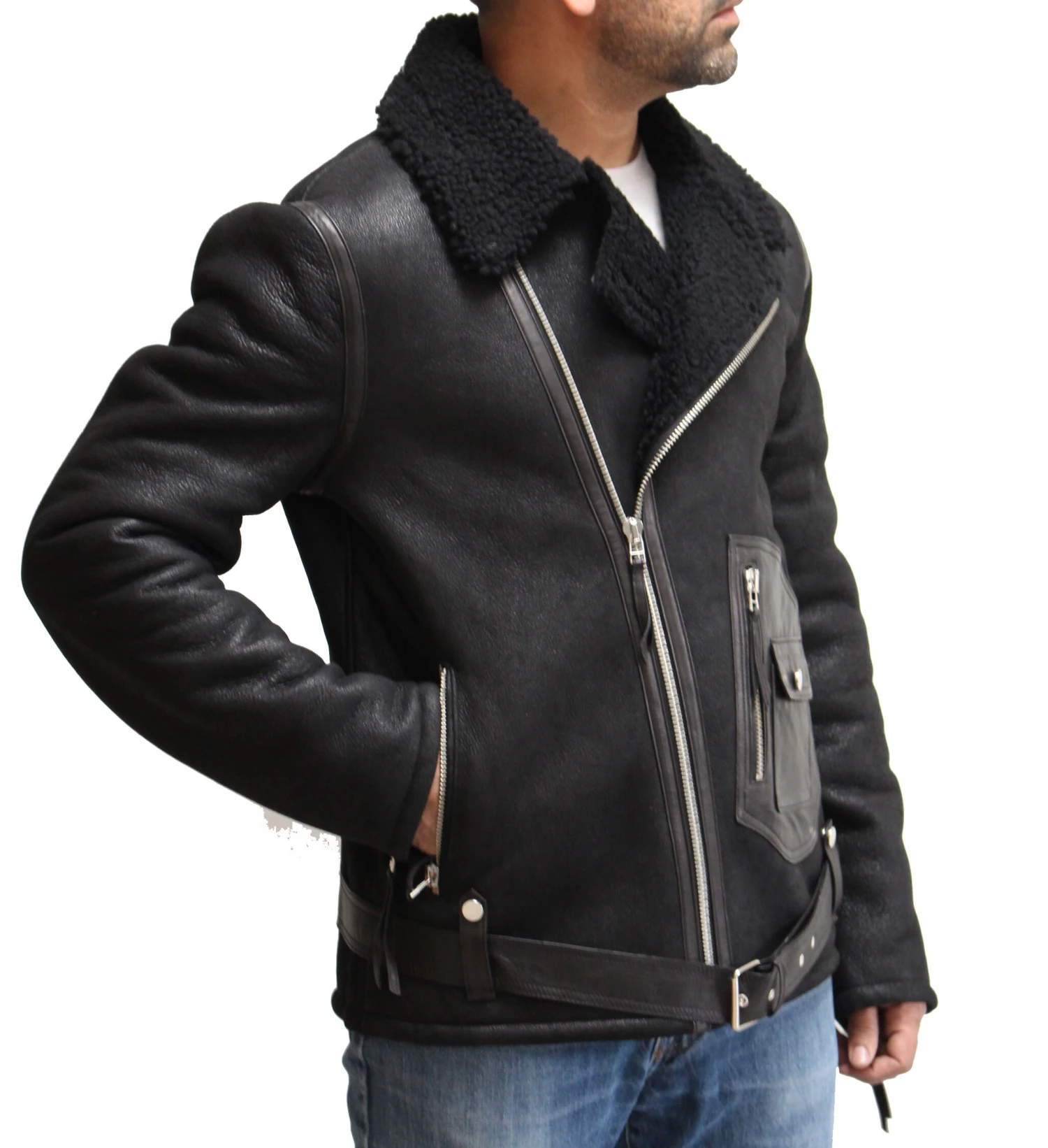 Mens Sheepskin Cross Zip Biker Jacket With Unique Patch Pocket Design And Waist Belt. Available In Black And Tan 8 Mens Sheepskin Cross Zip Biker Jacket With Unique Patch Pocket Design And Waist Belt. Available In Black And Tan - Image 8