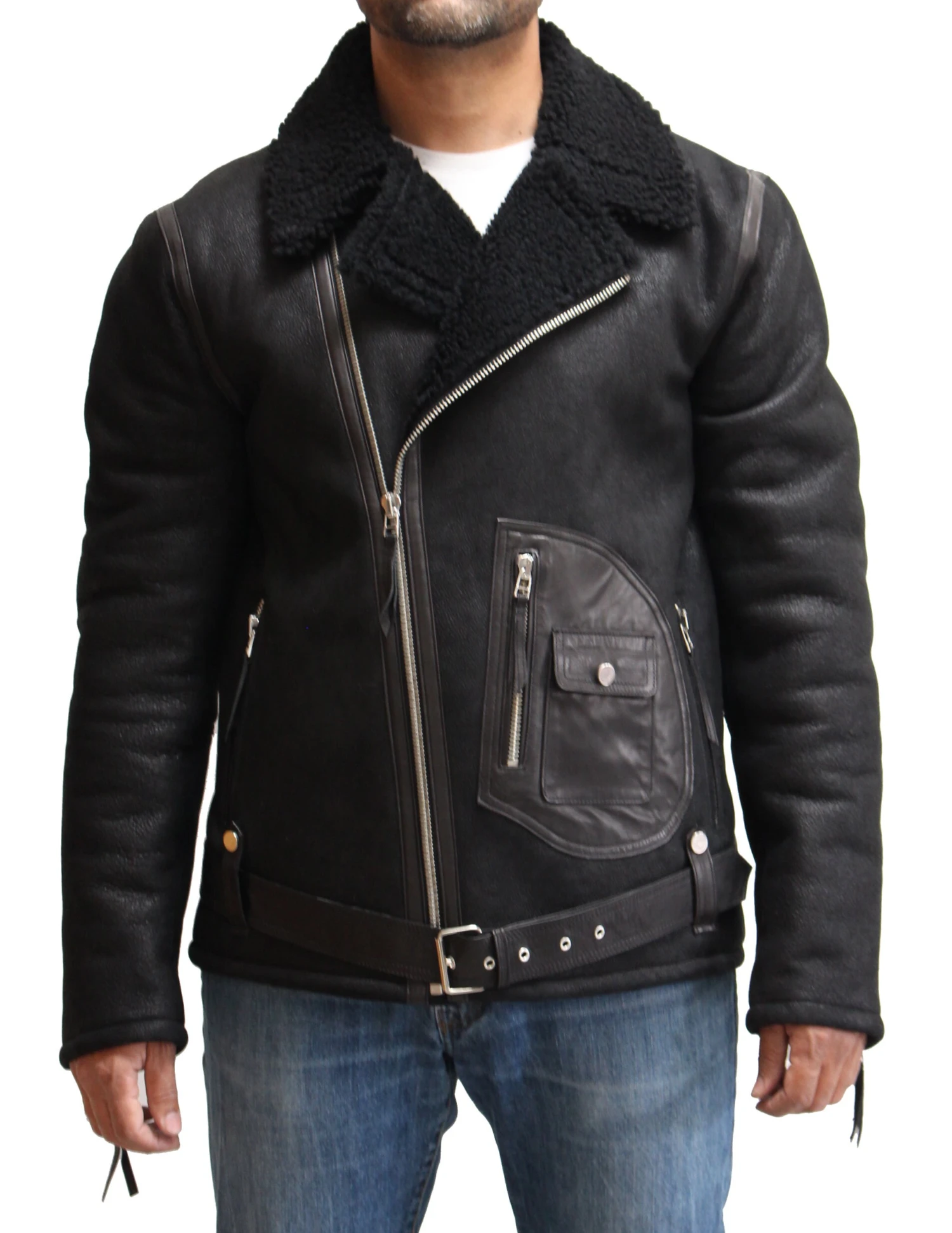 Mens Sheepskin Cross Zip Biker Jacket With Unique Patch Pocket Design And Waist Belt. Available In Black And Tan 9 Mens Sheepskin Cross Zip Biker Jacket With Unique Patch Pocket Design And Waist Belt. Available In Black And Tan - Image 9