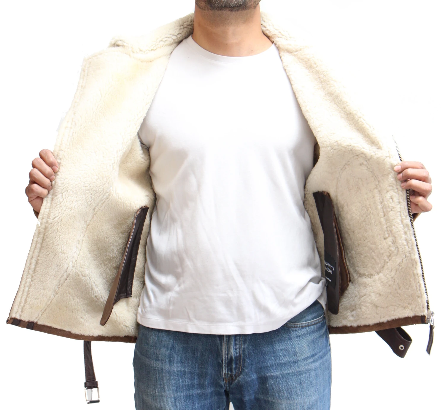 Mens Sheepskin Cross Zip Biker Jacket With Unique Patch Pocket Design And Waist Belt. Available In Black And Tan 2 Mens Sheepskin Cross Zip Biker Jacket With Unique Patch Pocket Design And Waist Belt. Available In Black And Tan - Image 2