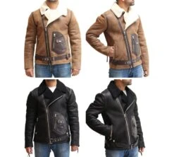 Mens Sheepskin Cross Zip Biker Jacket With Unique Patch Pocket Design And Waist Belt. Available In Black And Tan