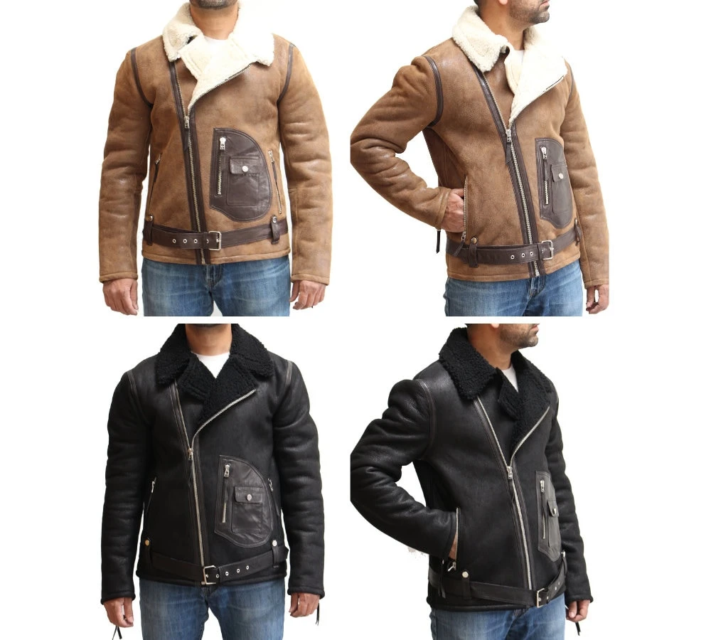Mens Sheepskin Cross Zip Biker Jacket With Unique Patch Pocket Design And Waist Belt. Available In Black And Tan 1 Mens Sheepskin Cross Zip Biker Jacket With Unique Patch Pocket Design And Waist Belt. Available In Black And Tan
