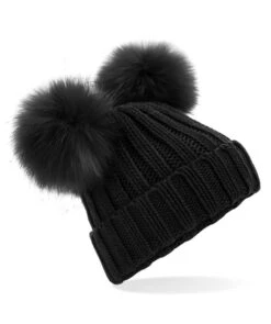Kids Pom Pom Black Hat Infant/junior Faux Fur Double Pompom Beanie