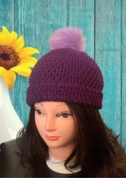 Blackberry Crochet Hat With Detachable Pom Pom
