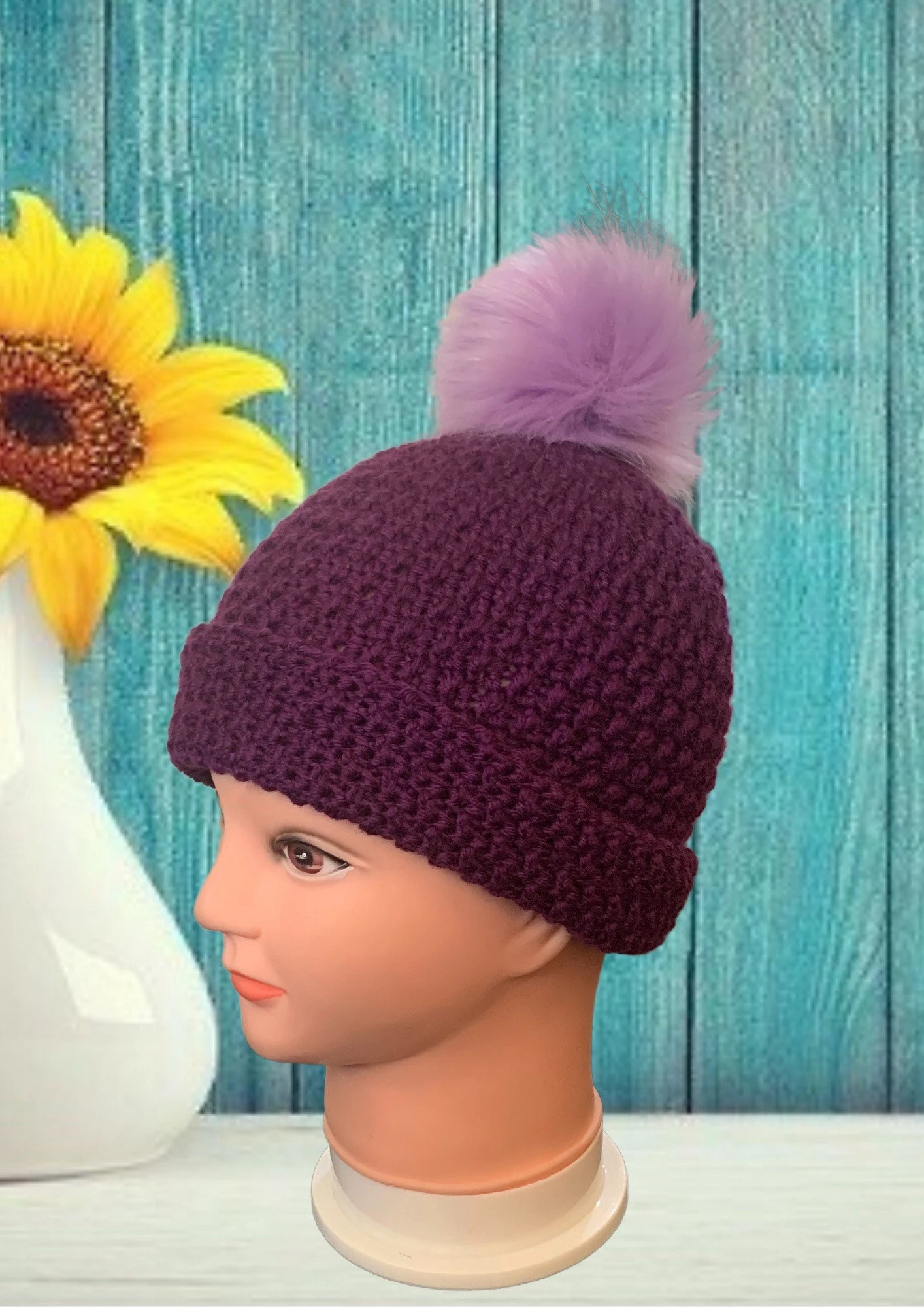 Blackberry Crochet Hat With Detachable Pom Pom 5 Blackberry Crochet Hat With Detachable Pom Pom - Image 5