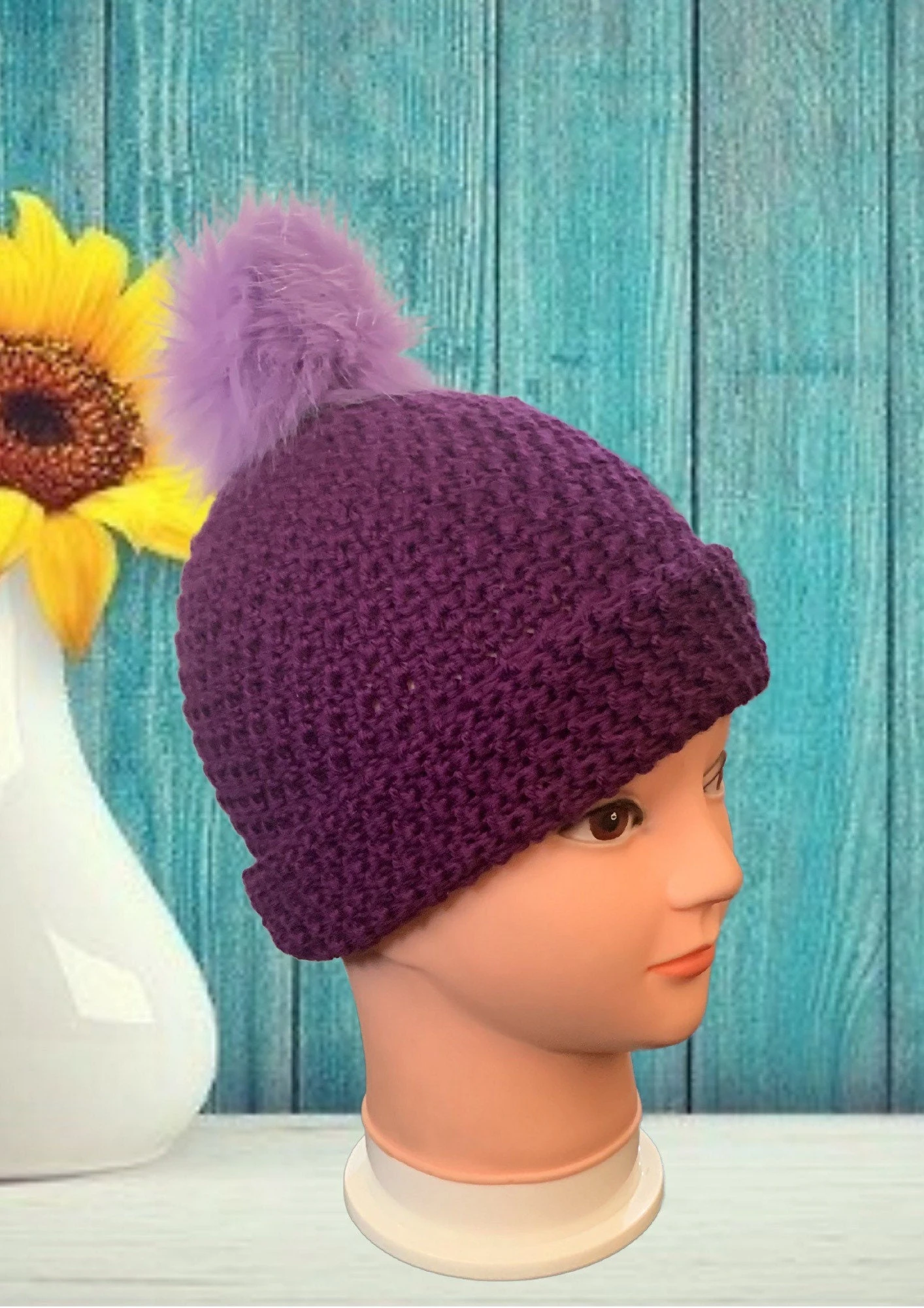 Blackberry Crochet Hat With Detachable Pom Pom 3 Blackberry Crochet Hat With Detachable Pom Pom - Image 3