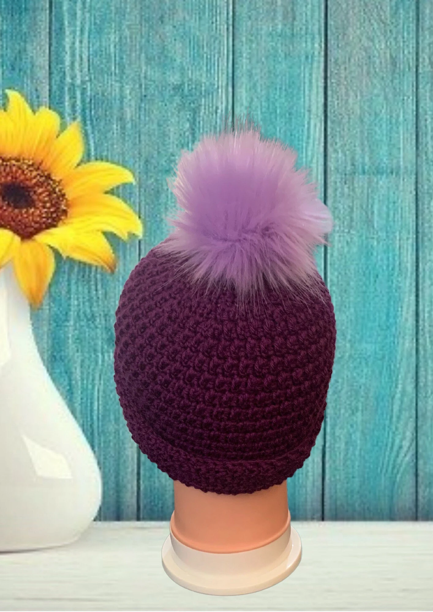 Blackberry Crochet Hat With Detachable Pom Pom 6 Blackberry Crochet Hat With Detachable Pom Pom - Image 6