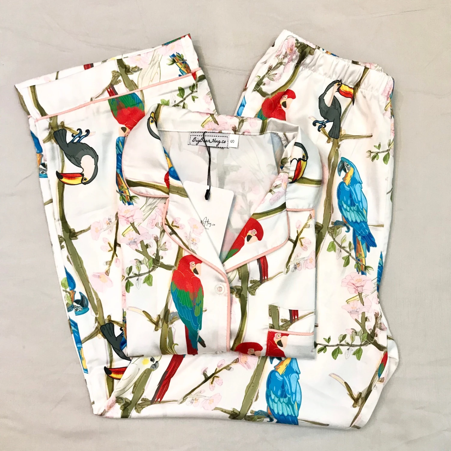 Tropical Summer Birds Design Women Short Sleeves Long Pants Pajamas Set - Satin Silk, Very Soft And Silky 3 Tropical Summer Birds Design Women Short Sleeves Long Pants Pajamas Set - Satin Silk, Very Soft And Silky - Image 3