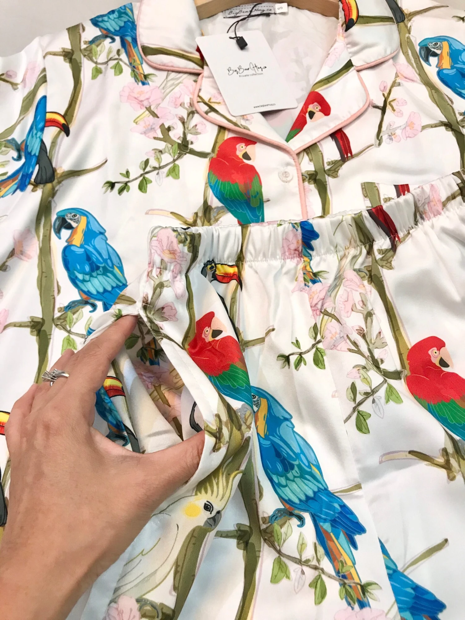 Tropical Summer Birds Design Women Short Sleeves Long Pants Pajamas Set - Satin Silk, Very Soft And Silky 6 Tropical Summer Birds Design Women Short Sleeves Long Pants Pajamas Set - Satin Silk, Very Soft And Silky - Image 6