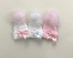 Baby Girls Ribbed Fur Pom Pom Hat With Diamante Bow Newborn & 2 Months +