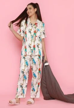 Tropical Summer Birds Design Women Short Sleeves Long Pants Pajamas Set - Satin Silk, Very Soft And Silky