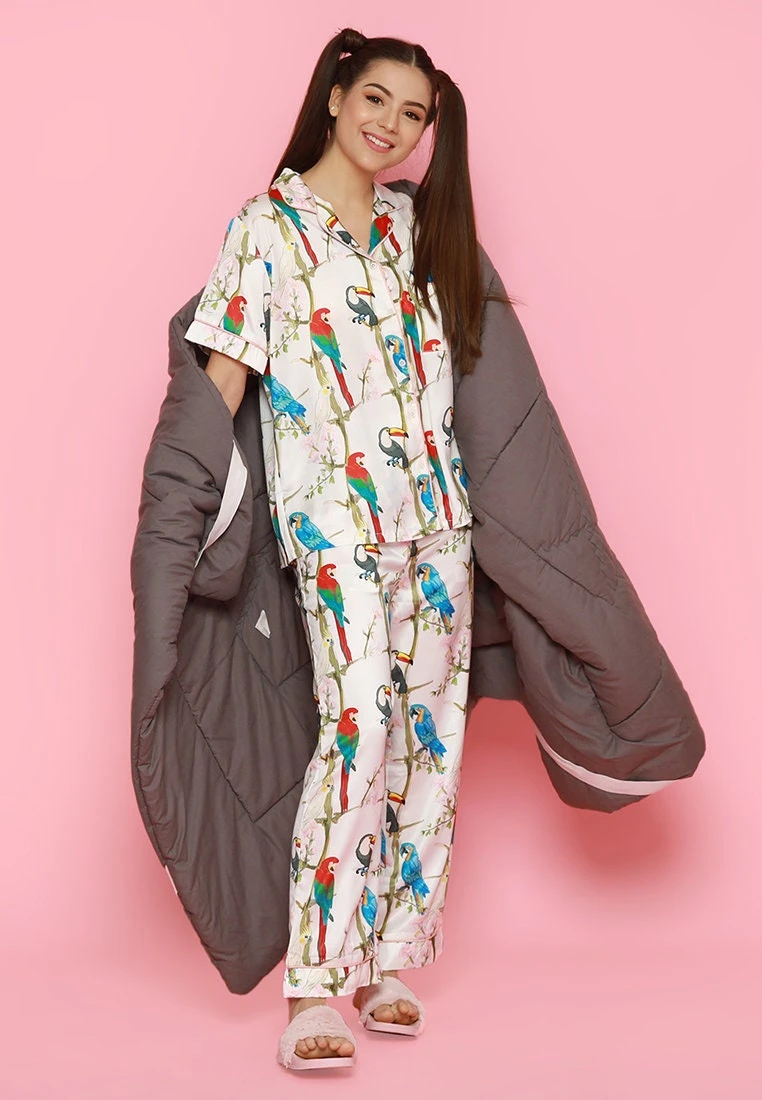 Tropical Summer Birds Design Women Short Sleeves Long Pants Pajamas Set - Satin Silk, Very Soft And Silky 9 Tropical Summer Birds Design Women Short Sleeves Long Pants Pajamas Set - Satin Silk, Very Soft And Silky - Image 9