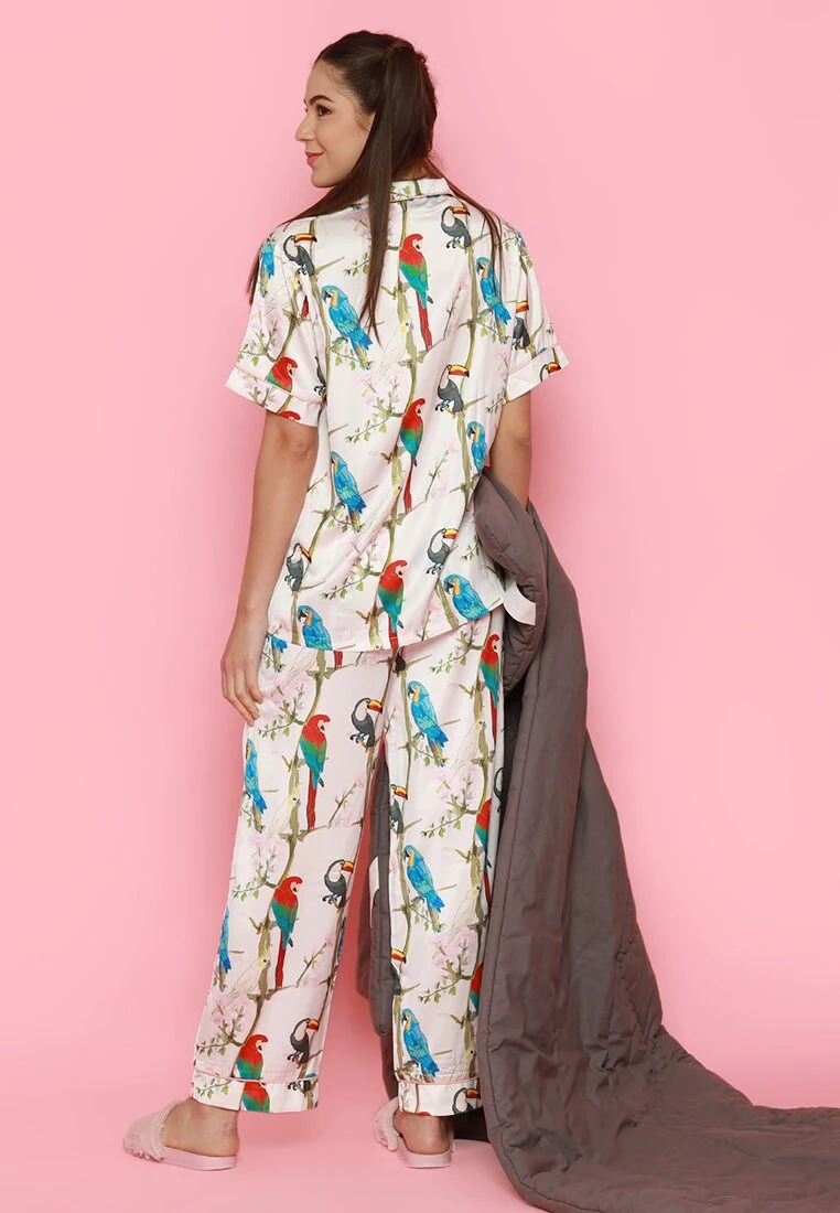 Tropical Summer Birds Design Women Short Sleeves Long Pants Pajamas Set - Satin Silk, Very Soft And Silky 10 Tropical Summer Birds Design Women Short Sleeves Long Pants Pajamas Set - Satin Silk, Very Soft And Silky - Image 10