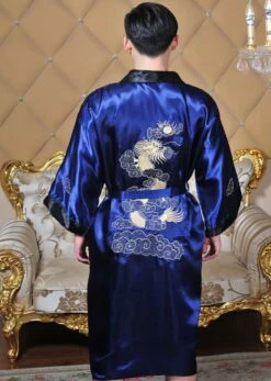 GFM Chinese Mens Or Unisex Dragon Design Dressing Gown Or Kimono - Navy Blue - Christmas Gift