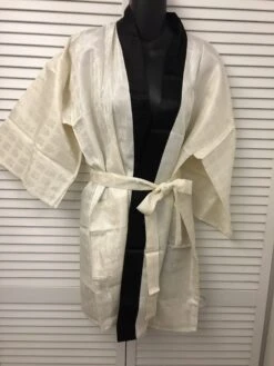 Short Robe Or Jacket Oriental Embossed Pattern In Cream Beige W/ Black Satin Trim Self Belt Side Pocket Never Worn Vintage Oriental Style