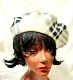 Large Cream White Checkered French Fleece Beret Hat