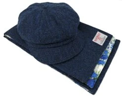 Harris Tweed Baker Boy Hat And Matching Lined Scarf Set In Navy & Black Herringbone