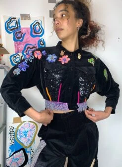 Up-cycled Black Velvet Patchwork Cropped Jacket With Embroidery And Bead Trim -Fashion Clothing Store il fullxfull.3797233138 qcsj