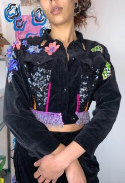 Up-cycled Black Velvet Patchwork Cropped Jacket With Embroidery And Bead Trim -Fashion Clothing Store il fullxfull.3797233144 j453