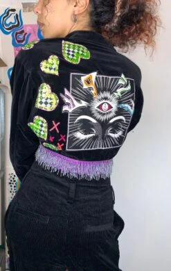 Up-cycled Black Velvet Patchwork Cropped Jacket With Embroidery And Bead Trim -Fashion Clothing Store il fullxfull.3844770129 i7e7