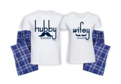 Personalised Hubby And Wifey Blue Pink Tartan Pyjamas Couples Set Husband And Wife Matching Pyjamas PJS Mr And Mrs His And Hers Gift