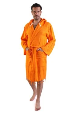 Orange Turkish Cotton Men Robe, Personalized Cotton Beach Robe, Dressing Gown, Groomsmen Gift, Bachelor Party Robes, Hooded Turkish Robe