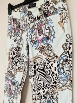 Animal Print Skinny Jeans, Tiger Baroque Abstract Print,UK8 EU36 US6, Colourful Zip Button Up Slim Fit Tapered Leg Trousers With Belt