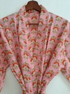 Men’s Pure Cotton Handprinted Peach In Floral Motif Funky House Robe Kimono Men's Beach Coverup/Man Robe