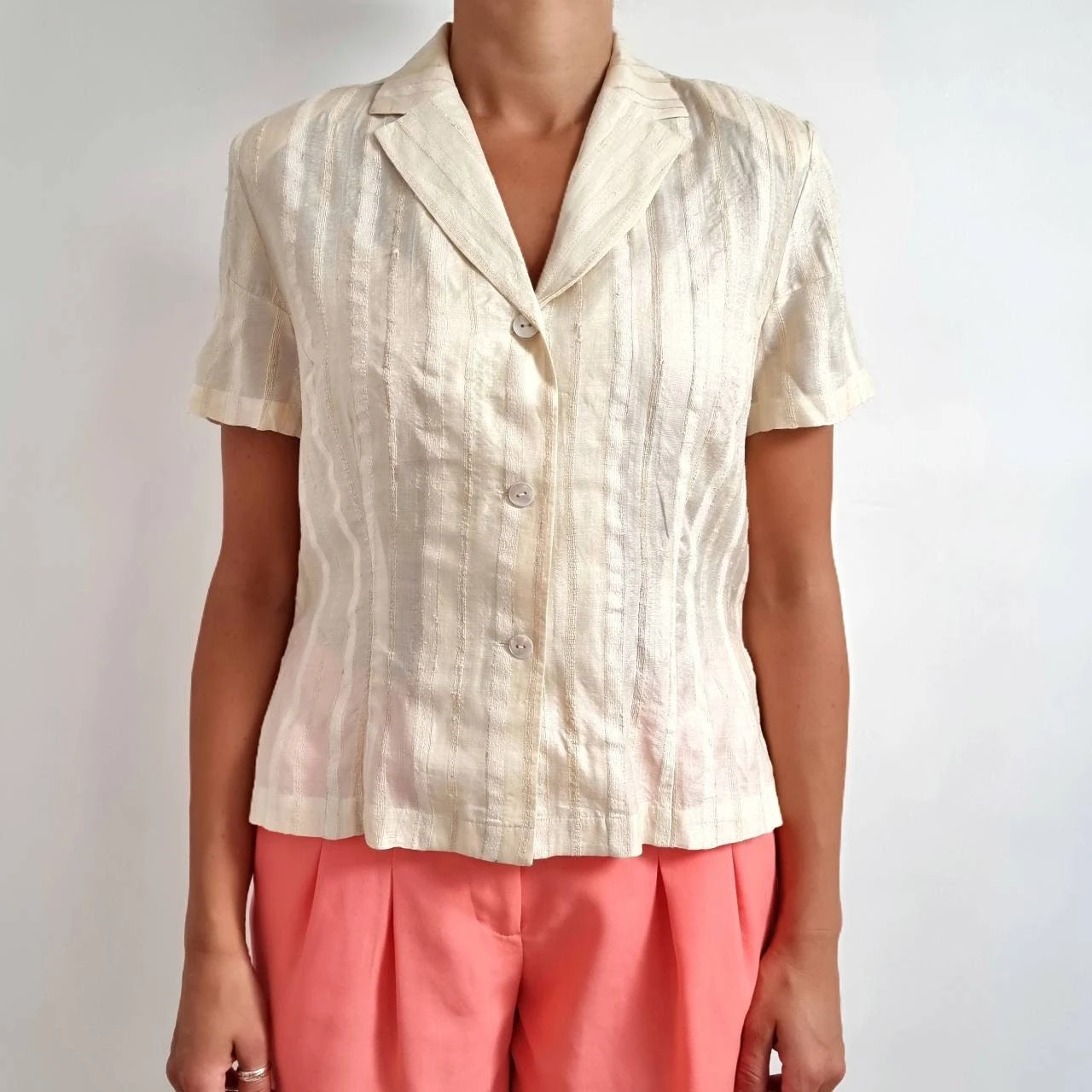 80's Vintage Cream Silk Ladies Shirt In Woven Stripes With Mother-Of-Pearl Buttons // Short Sleeves Blouse // Medium 2 80's Vintage Cream Silk Ladies Shirt In Woven Stripes With Mother-Of-Pearl Buttons // Short Sleeves Blouse // Medium - Image 2