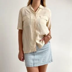 80’s Vintage Cream Silk Blouse // Ladies Short Sleeve Boyfriend Shirt // Large
