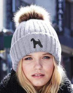 Airedale Terrier Owner Clothing Gifts, Faux Fur Pom Pom Chunky Knit Super Soft Unisex Embroidered Beanie From The House Of Dog.