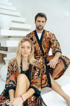 Red/Black Cotton Batik Kimono Robe, Kimono Jacket, Dressing Gown, Men’s Kimono Robe, Wear The World, Dragon, Chinese, Japanese