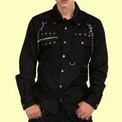 Men Gothic Shirt Long Sleeve Shirt Punk Metal Studs Chain Cotton Shirt Straps Shirt