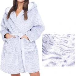 Fashion Clothing Store 12 Ladies Hooded Dressing Gown Robe Leopard Fleece Luxury Soft Cosy Pink Pockets Size 8-18