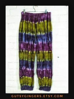 Bohemian Floaty Tie Dye Harem Trousers Fairtrade Straight Leg Drawstring Unisex Purple Navy To Lime Or Orange To Earth One Size Loungewear