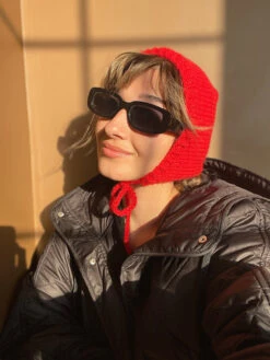 Hand Knit Red Bonnet, Crochet Balaclava, Handmade Hat With Tie, Red Hat, Unisex Hat, Warm Winter Hat, Warm Balaclava, Women Hat