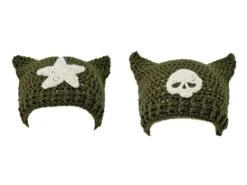 Handmade Crochet Cat Hat, Cat Ear Beanie, Cat Ear Hat In Khaki With Choice Of Star Or Skull