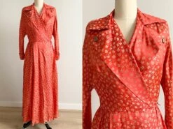 1940s Vintage Silk Robe Dressing Gown Wounded Bird 40s Red Gold Sz XS/S