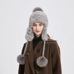 Rex Rabbit Fur Hat With Fox Fur Pom In Grey