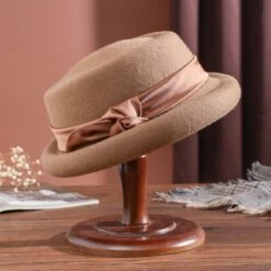 Shining/Vintage Wool Hat/Autumn & Winter Women Hat/Elegant Bow Roll-Brim Flat Hat/Adjustable Head Circumference