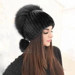 Rex Rabbit Fur Winter Hat With Fox Fur Top, Real Fur Hat, Women Hat - Black
