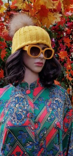 Vintage Hat: Groovy Vintage 1970s Mustard Yellow Knitted Hat With Fur Pom Pom