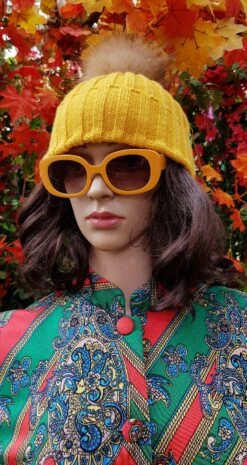 Vintage Hat: Groovy Vintage 1970s Mustard Yellow Knitted Hat With Fur Pom Pom -Fashion Clothing Store il fullxfull.4737317446 31l2
